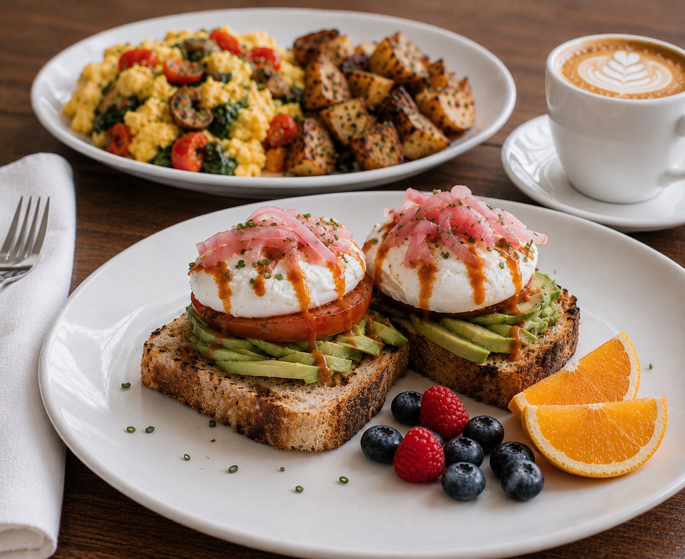 Breakfast spread with avocado toast, poached eggs, berries and a latte